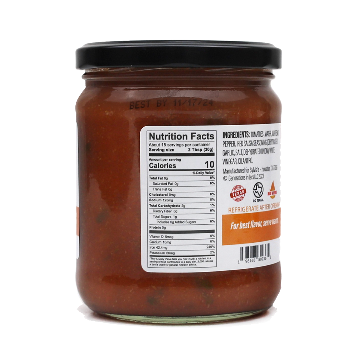 The Enchilada Queen Medium Red Salsa nutrition label, Tex-Mex sauce 16 oz