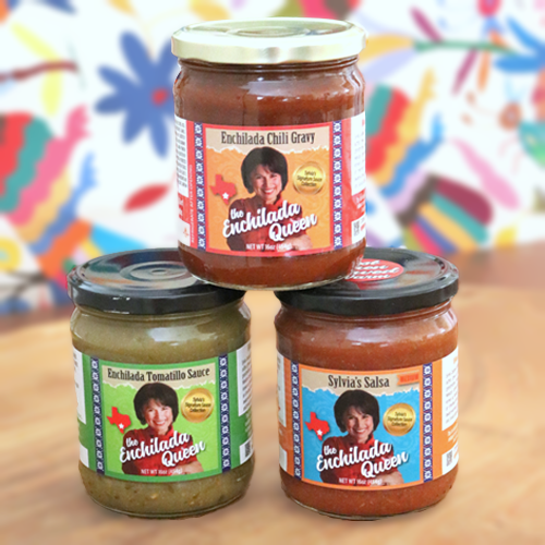 The Enchilada Queen Signature Sauce Trio – Red Salsa, Tomatillo Sauce, and Enchilada Chili Gravy