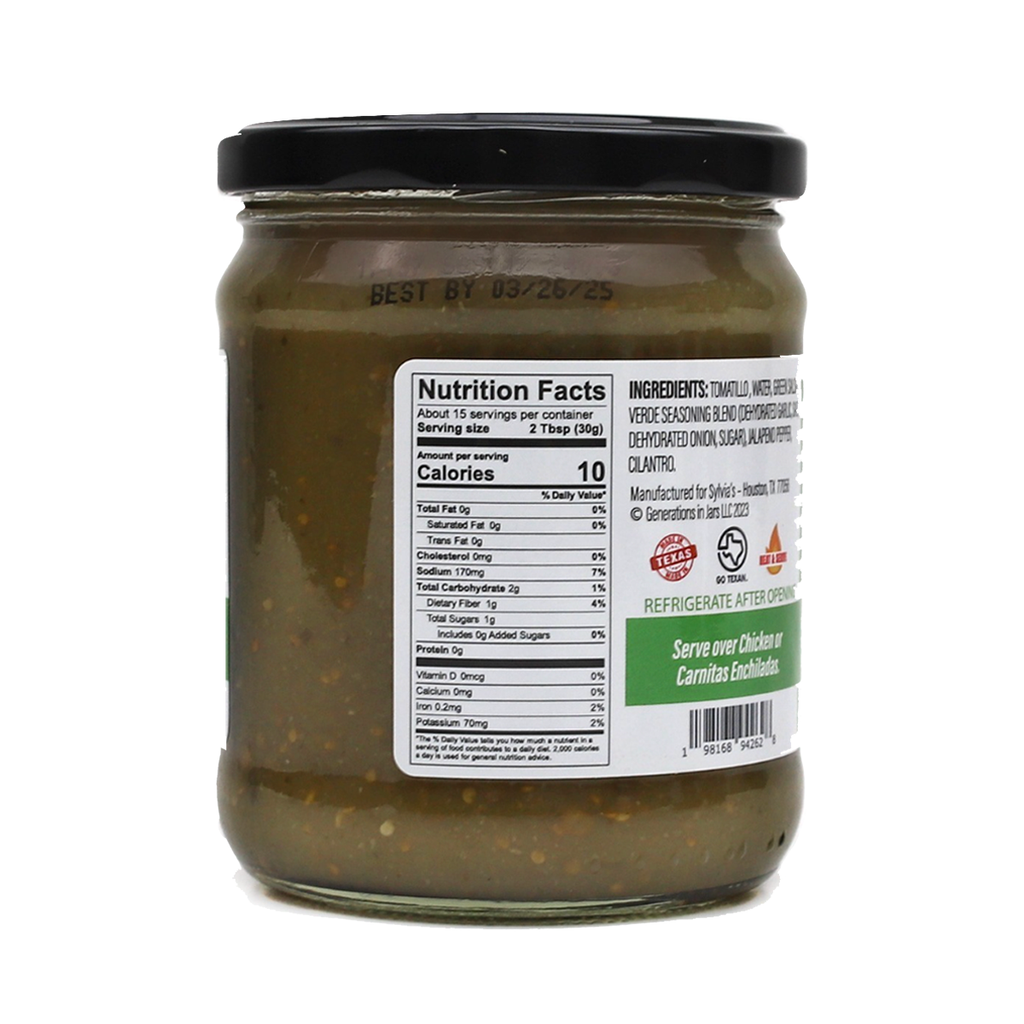 The Enchilada Queen Tomatillo Sauce Salsa Verde nutrition label, Tex-Mex sauce 16 oz