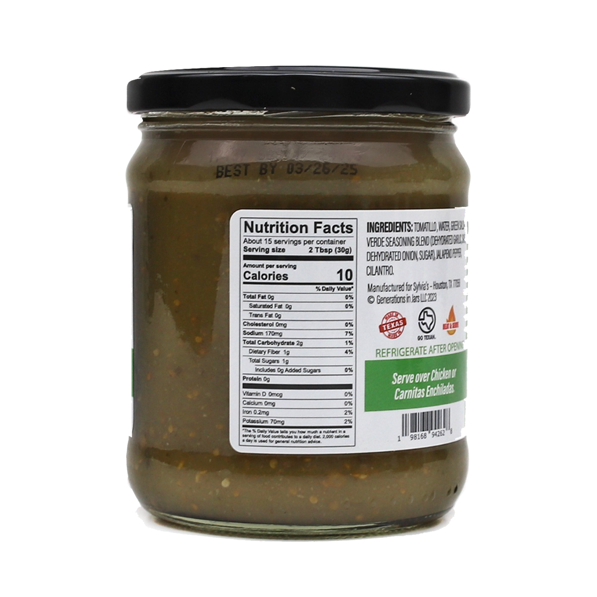 The Enchilada Queen Tomatillo Sauce Salsa Verde nutrition label, Tex-Mex sauce 16 oz
